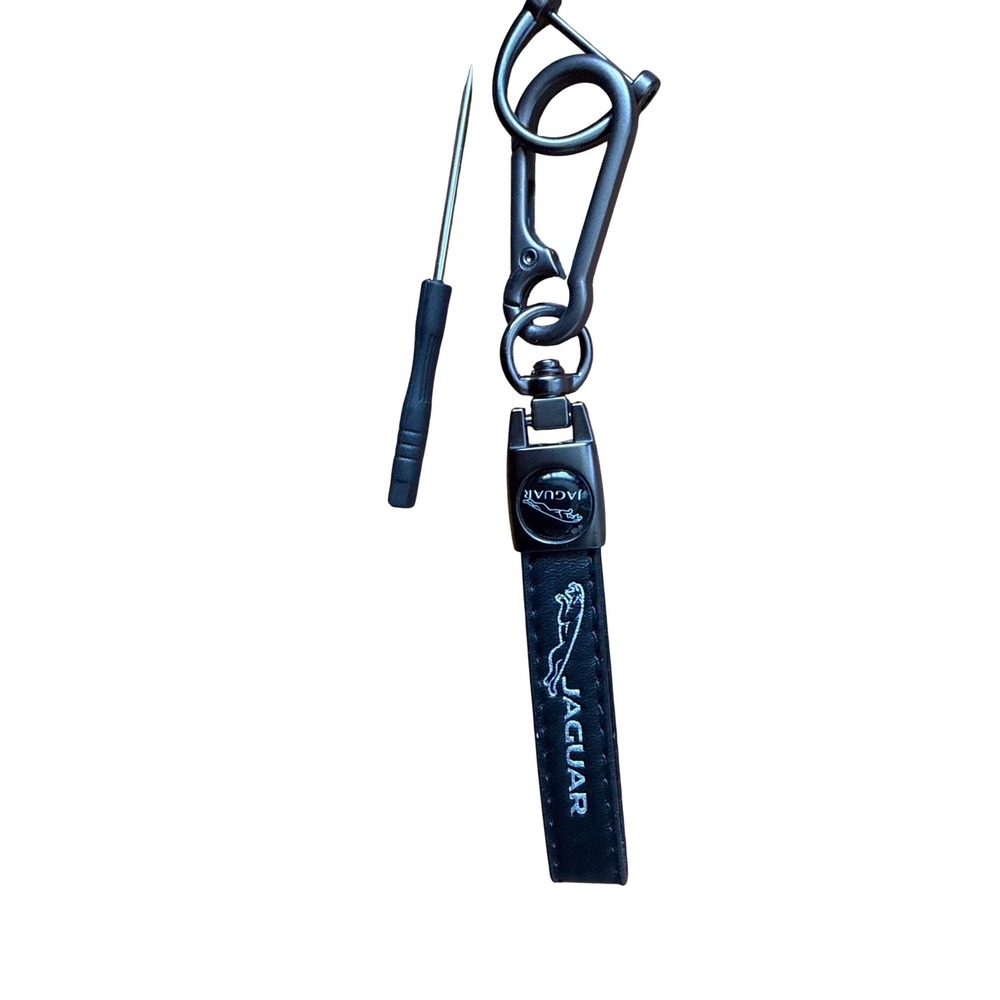Jaguar Black Leather Keychain Gunmetal D-Ring Shackle Fob Holder with Tool